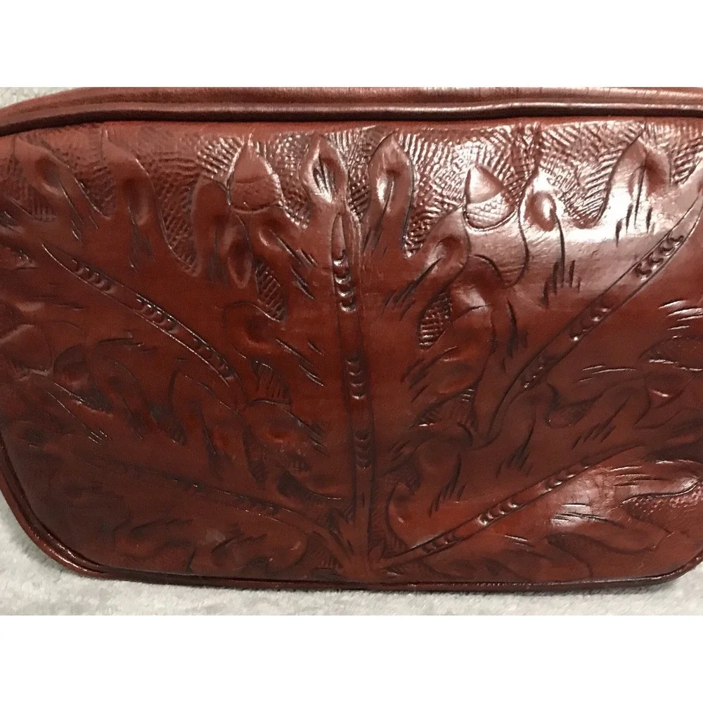 American West Embossed Tooled Leather Toiletry Cosmetic Bag Western Leaf Style